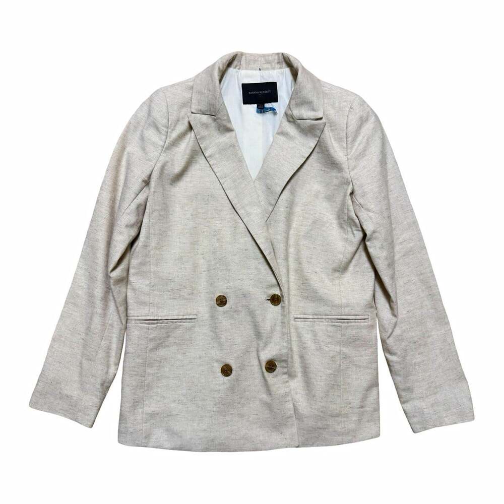 Women’s Beige Double-Breasted Button Front Blazer Jacket Lined Pockets